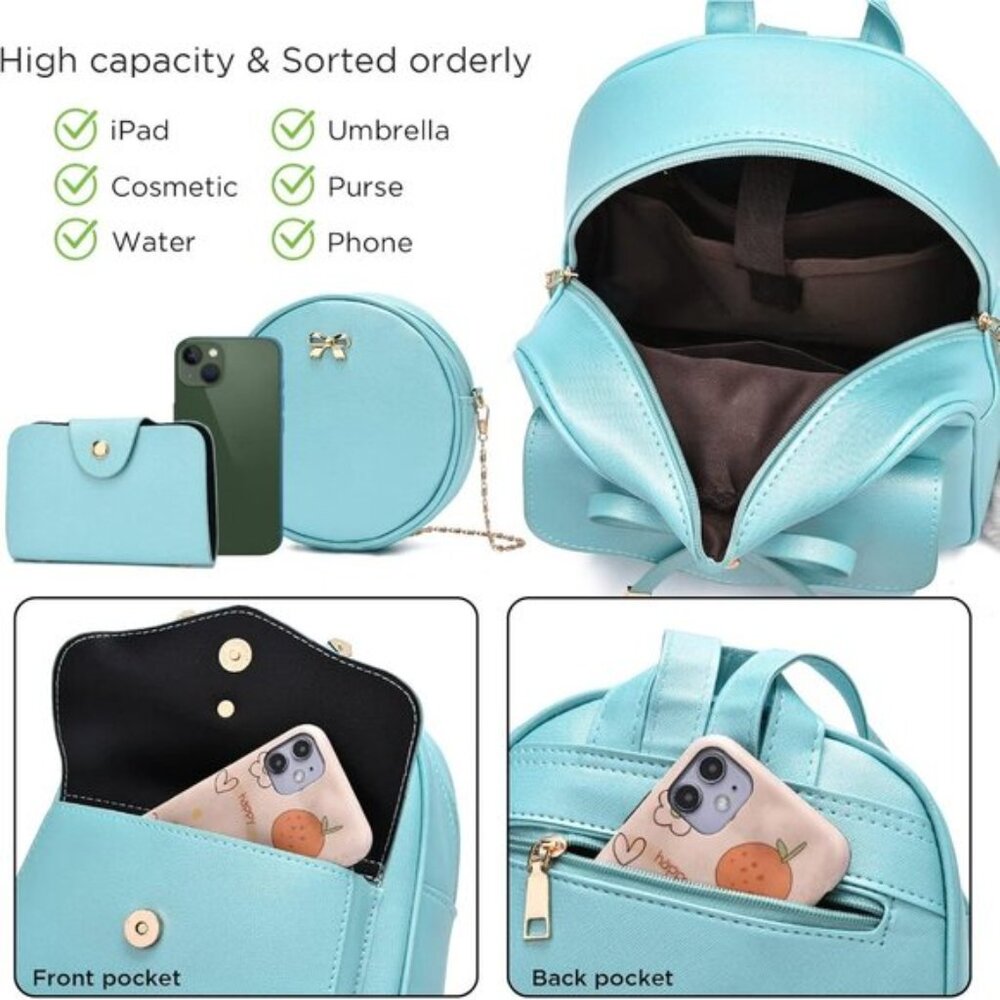 New Bowknot Green 3-Piece Set – Leather Backpack, Shoulder Bag & Purse - Picture 4 of 7